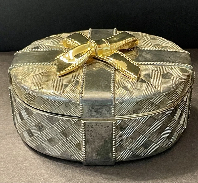 Godinger Silver Art Co Ltd LRG Lined OVAL Keepsake Jewelry Trinket Box Gold Bow