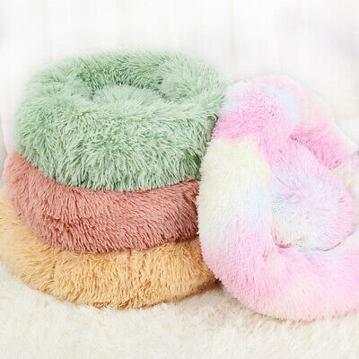 Round Plush Donut Pet Dog Cat Bed Fur Cuddler Warm Soft Puppy Calming Bed Kennel