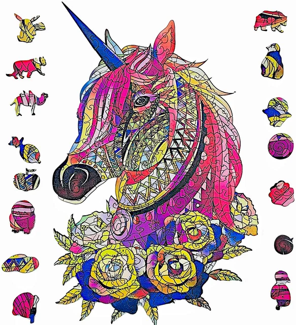 Wooden Jigsaw Puzzle for Adults Unique Unicorn Animals Shaped Family Game 157pcs