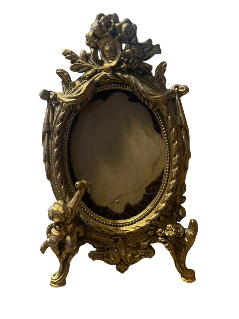 Vintage Cherub Cupid Oval Brass Picture Photo Frame French Style 1960s 70s