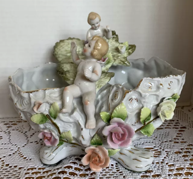 Antique SITZENDORF? Porcelain Germany Putti Cherubs Centerpiece Bowl Roses VGUC