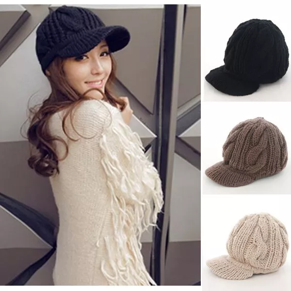 Brim Knit Crochet Cap Warm Winter Lady Ski Beanie Wool Hat Women Korean Peaked 2