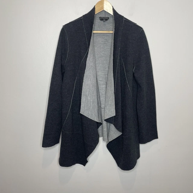 Eileen Fisher Two Tone Knit Open Front Cardigan Sweater Wool Blend Size L