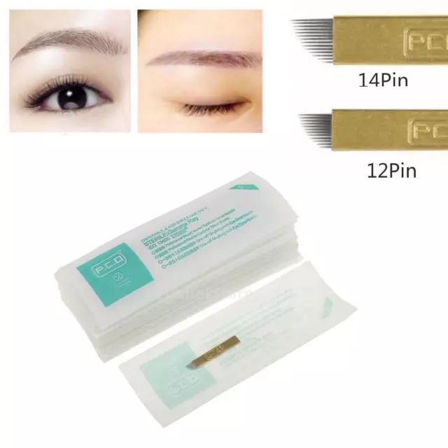 50pcs Permanent Makeup 3D Eyebrow Tattoo Manual Microblading Needles 12/14Pins