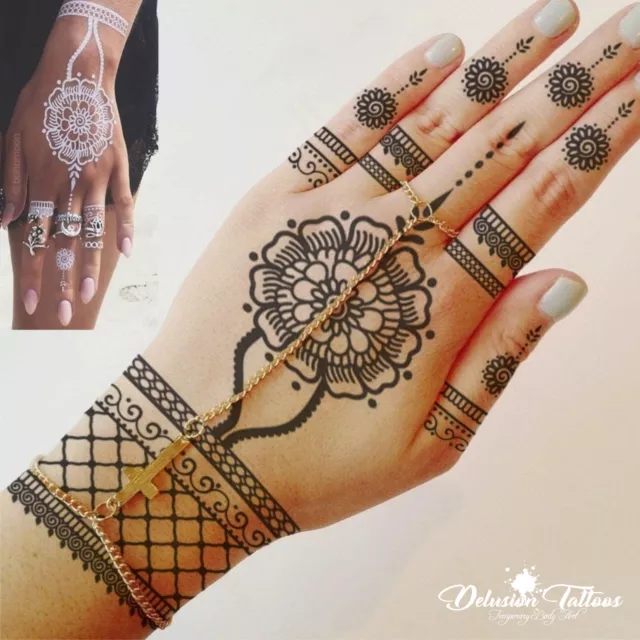 Henna Temporary Tattoo, Flower Pendant & Lace, Black Or White, Womens, Bride