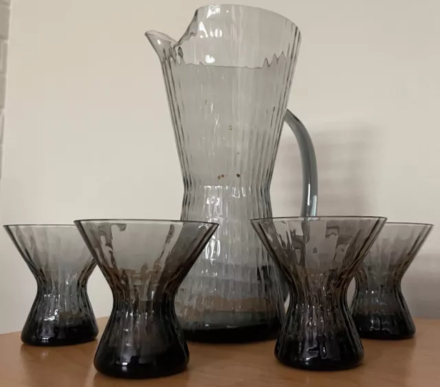 VIntage Mortantown Hoffman House Optic Steel Smoke Gray Pitcher + Glasses MCM