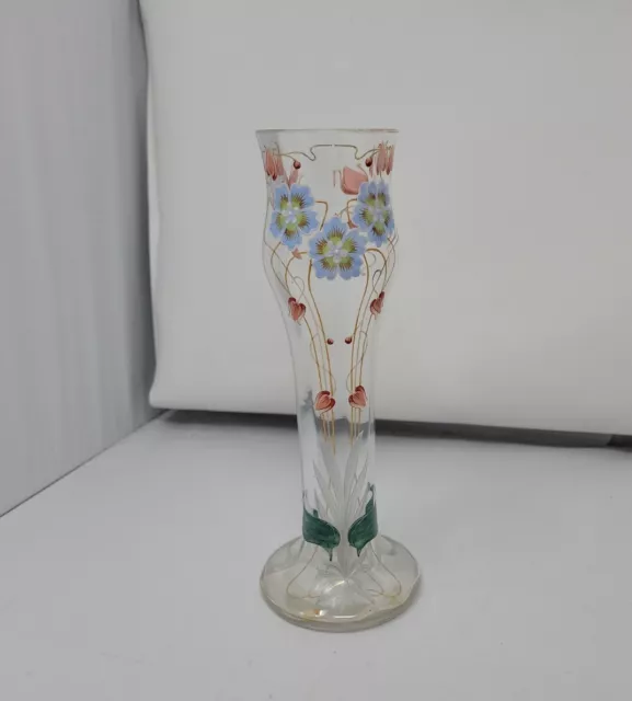 Theresienthal Art Nouveau Floral Enamel Hand Blown Clear Optic Molded Vase 8"