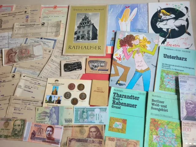 Banknoten , alte Belege/Bescheinigungen , alte Zeitschriften , alte Wanderkarten