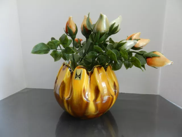 Vtg Royal Haeger Pottery Vase Bowl - Drip Glaze Amber Brown MCM