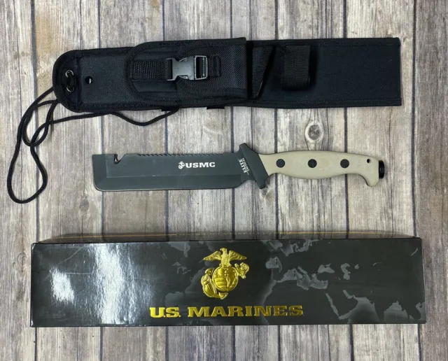USMC Marine Elite Tactical Jarhead 13" Fixed Black Blade Knife Beige Handle