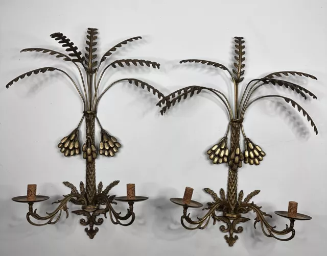 Mid-Century Hollywood Regency Brass Palm Leaf / Frond Sconces - Pair