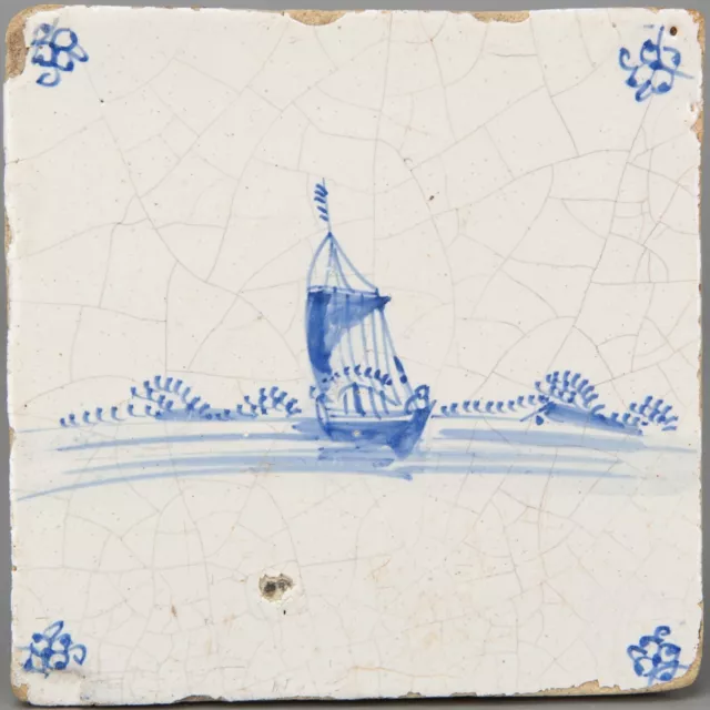 Nice Dutch Delft Blue tile, ship, late 17th century.