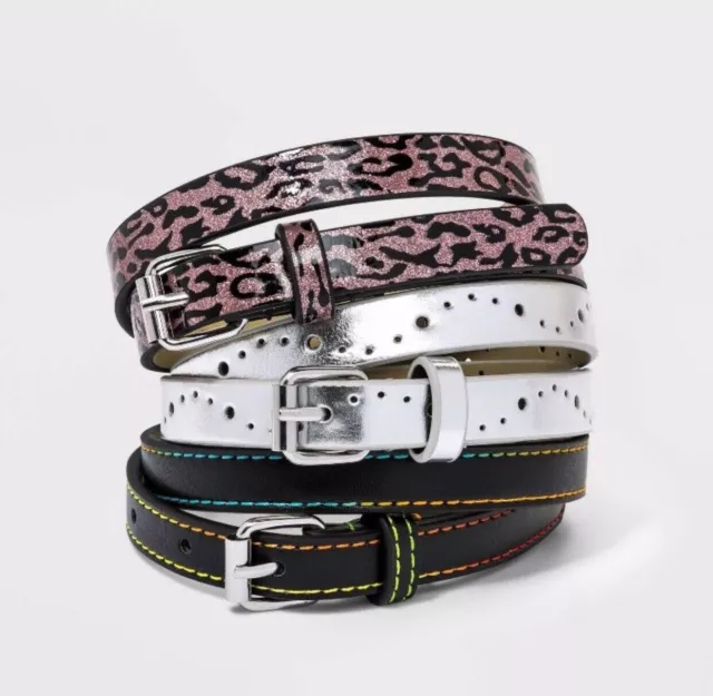 Girl's Size Large L 32" Belt 3 Skinny Belts Pink Leopard Silver Black Cat & Jack