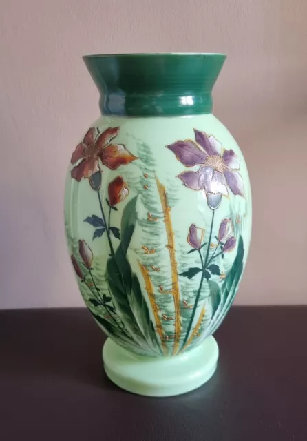 Gorgeous Antique Green Floral Opaline Footed Vase Hand Painted 10" Tall