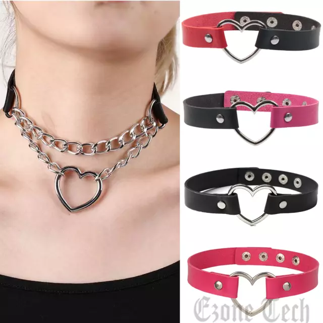 Womens Love Heart Leather Choker Punk Pu Necklace Goth Choker Soft Collar Chain