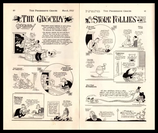 1932 Grocery Store Follies Ray Hoppman "Spring" Cartoon 2-Page Vintage Print Ad