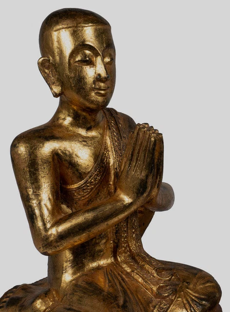 Ancien Birman Style Bois à Genoux Bouddha Disciples Statue (Paire) - 50cm/20 " 2