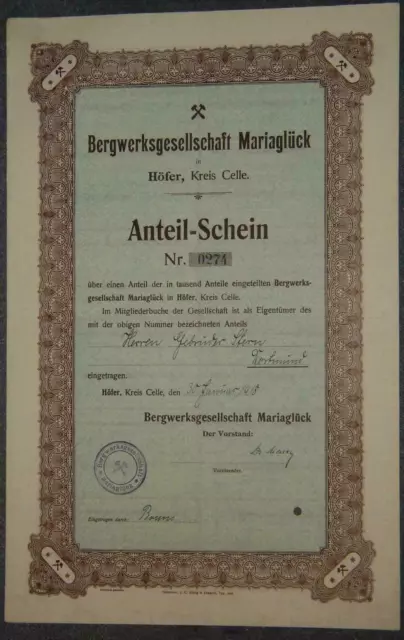 Bergwerksgesellschaft Mariaglück Anteil-Schein 1918
