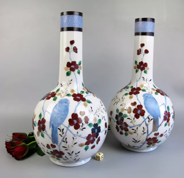 Victorian Opaline Glass Vases x 2. Antique. White. Hand painted birds. Large 14"