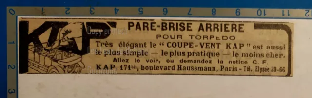 COUPE VENT KAP PARE BRISE ARRIERE TORPEDO  publicité 1925
