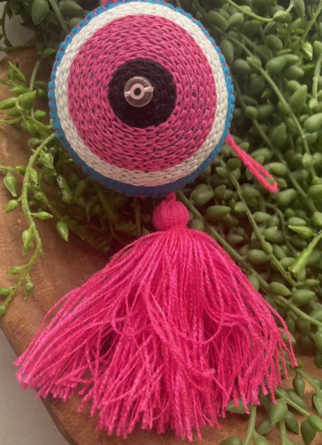 Handmade Hand Embroidered Mexican Felt Evil Eye Pom Pom Tassel - pink and blue