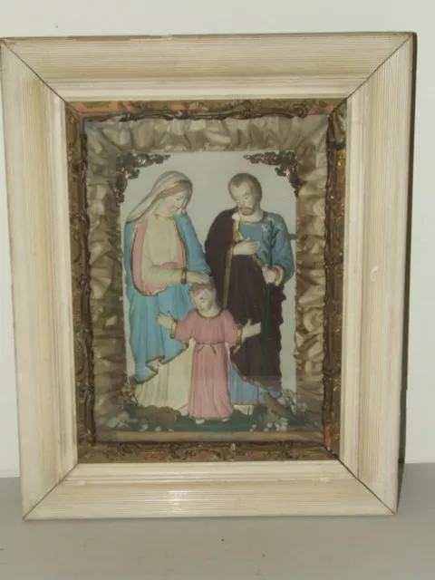 Antique Religious Church Statue Prayer Shrine Wall Shadowbox - Jesus Mary Joseph