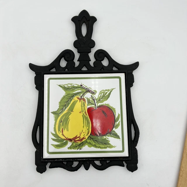 Vtg Seven Star Cast Iron & Ceramic Trivet Hot Plate Server Wall Hanging Fruit