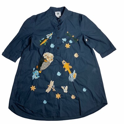 Vicky & Lucas Koi Dragonfly Floral Embroidered Asian Mandarin Shirt Tunic Dress