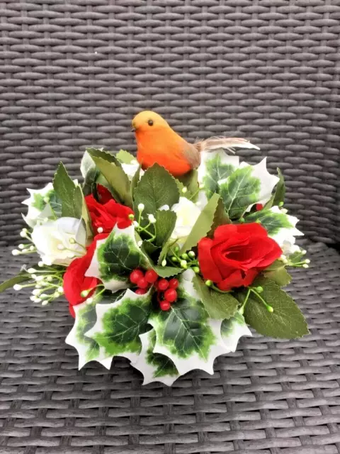 Artificial silk flowers memorial  pot with a  robin  and holly for Christmas c