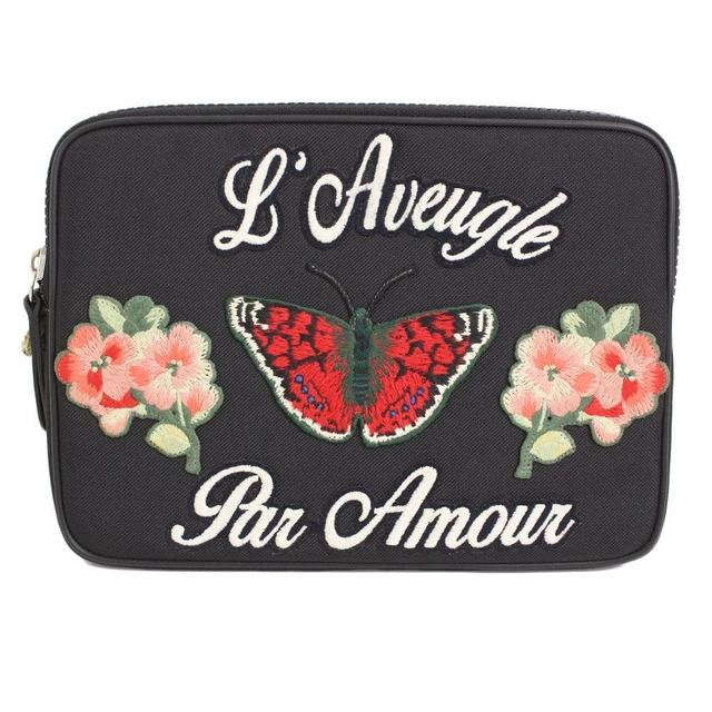 Gucci Butterfly Embroidered Laptop Case Clutch Bag Canvas Black Free Shipping