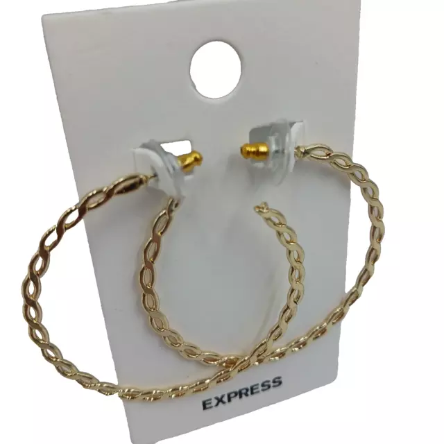 Express 2" Interlocking Link Hoop Push Back Pierced Earrings Gold Tone Shiny New 2