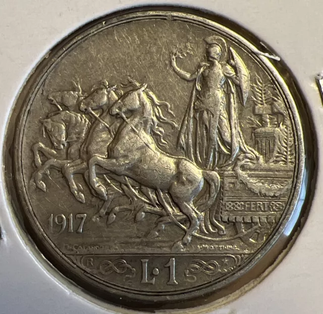 Italy  Vittorio Emanuele III 1 One Lire 1917  0.835 Silver