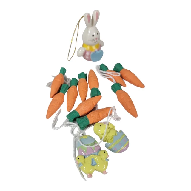 13 Vintage Miniature Wooden Easter Tree Ornaments Carrot Eggs chick Bunny 13 Vintage Miniature Wooden Easter Tree Ornaments Carrot Eggs chick Bunny