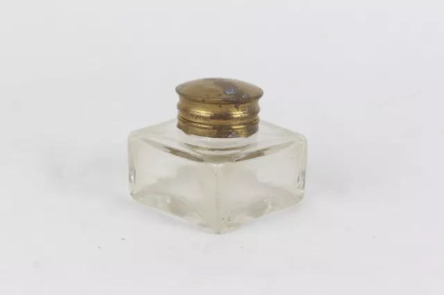 Klar Glas Tinte Topf Antik Alter Stil Dick Messing Kappe Sammlerstück Gut