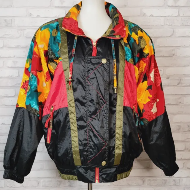 Womens Windbreaker Jacket autumn leaves 1980s over-sized Medium River Edge Sport