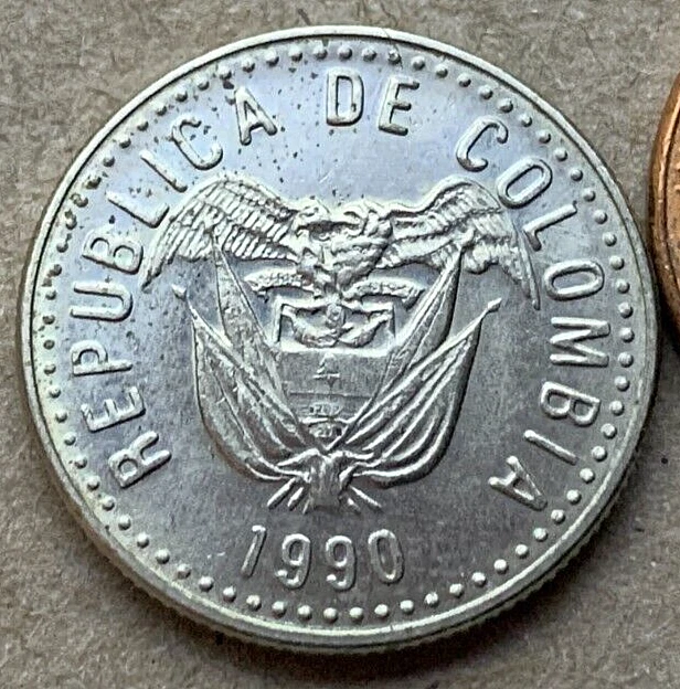 1990 Colombia 10 Pesos Coin AU  Colombian coat of arms   #K2326