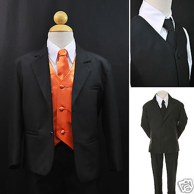 Toddler Boy Formal Party Black 7pc Tuxedo Suits Orange Vest Necktie Infant teens