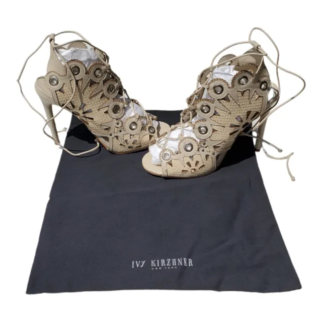 Ivy Kirzhner Castille Lace Up Sandals Cutout Cream Heels Leather Snake Women's 9