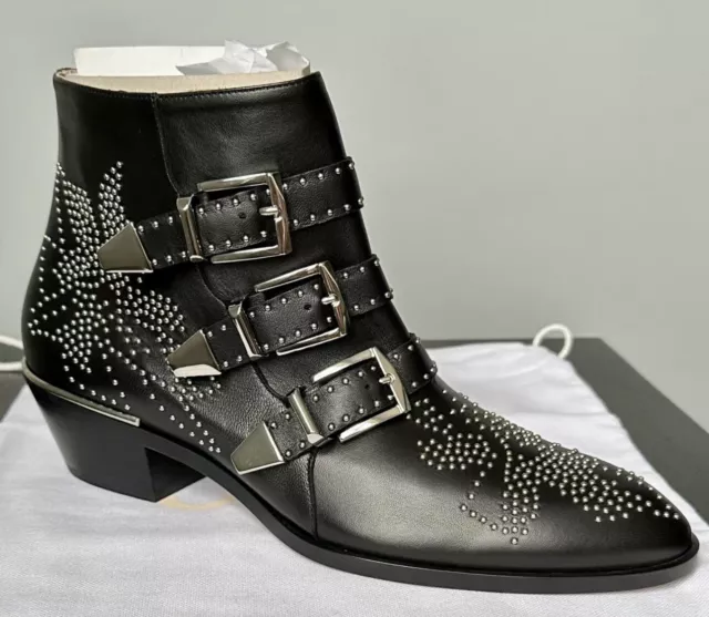 CHLOE Italy Susanna Black Leather Buckle Studded Ankle Zip Boots Shoes Size 39