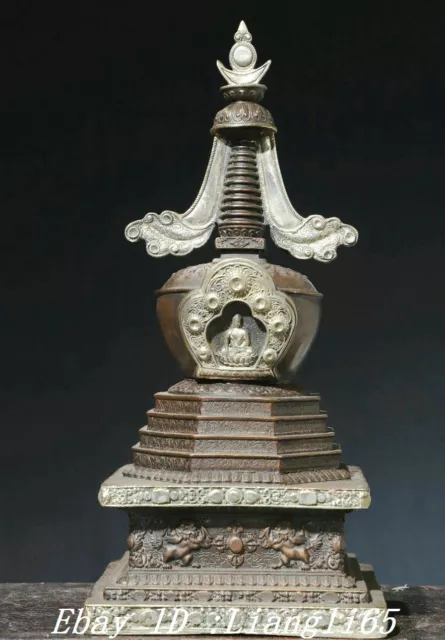 12.9" Alte Tibet Buddhismus Reine Bronze Silber Fengshui Buddha Stupa Turm