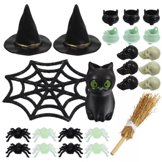 Halloween Miniature Witch Hat Set with Spiders and Broom