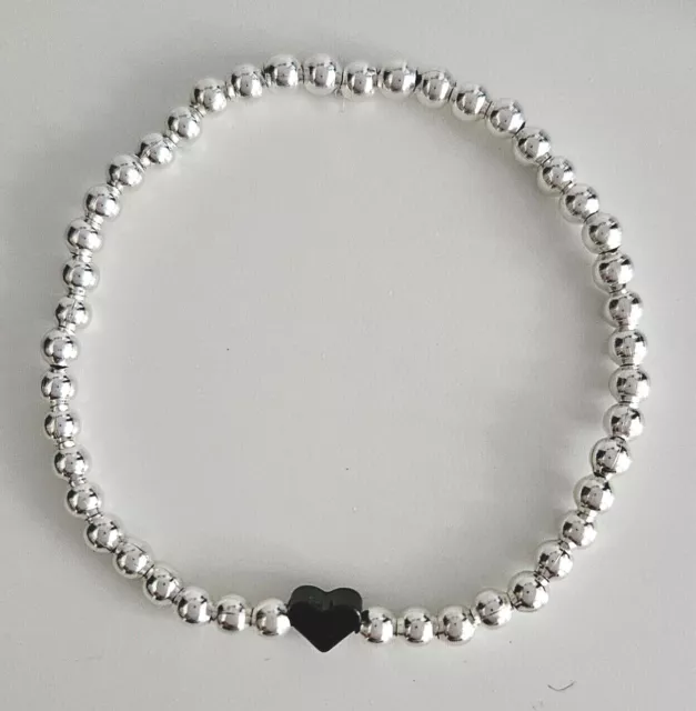 Silver Plated Bead Bracelet with Black Heart Charm  - 5 Sizes - Stretch / Stack