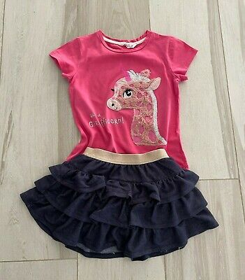 OLLIE'S PLACE girls summer outfit set pink unicorn giraffe top+navy skirt size 4