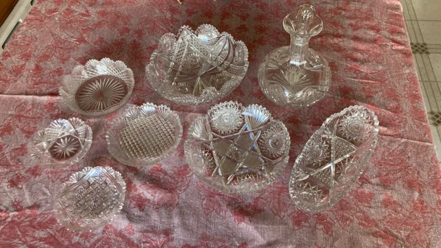 Antique American Cut Glass / Brilliant Crystal  Decanter, variety of bowls