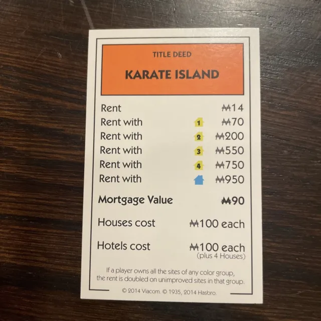 SpongeBob SquarePants Monopoly Replacement Property Deed Card Karate Island