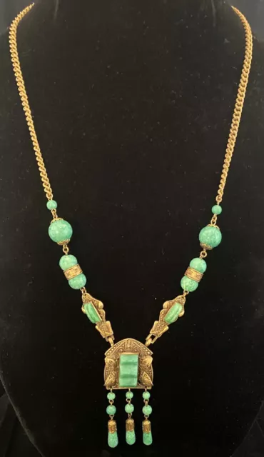 vintage art deco Czech egyptian revival peking glass and ornate brass necklace