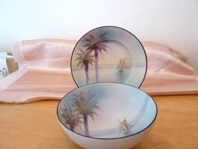 Very Pretty Hand Painted Art Deco Nippon Footed Bowl & Underplate