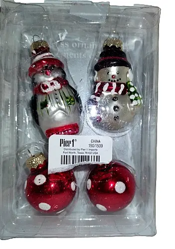 Pier 1 Christmas Glass Ornaments Penguin Snowman Red Polka Dot Balls 2 1/4"