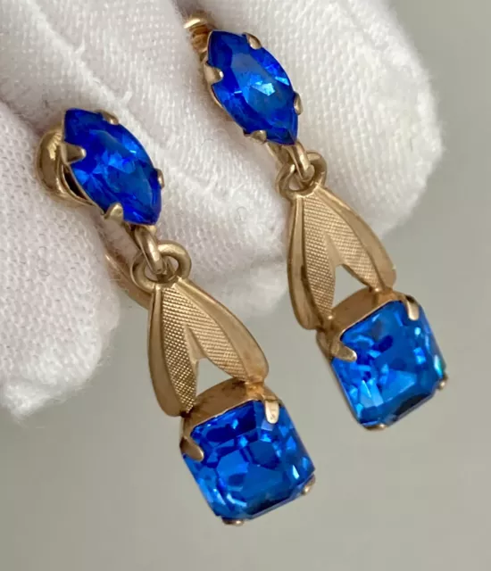 Van Dell 12k Yellow Gold Filled Blue Crystal Leaf Earrings Prong Screw Back RARE