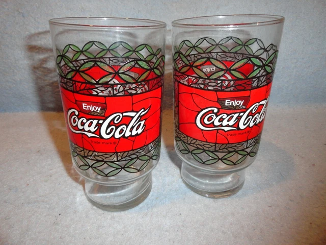 2 Large Vintage Coke Coca Cola Tiffany Style Stained Glass Tumblers Glasses mugs